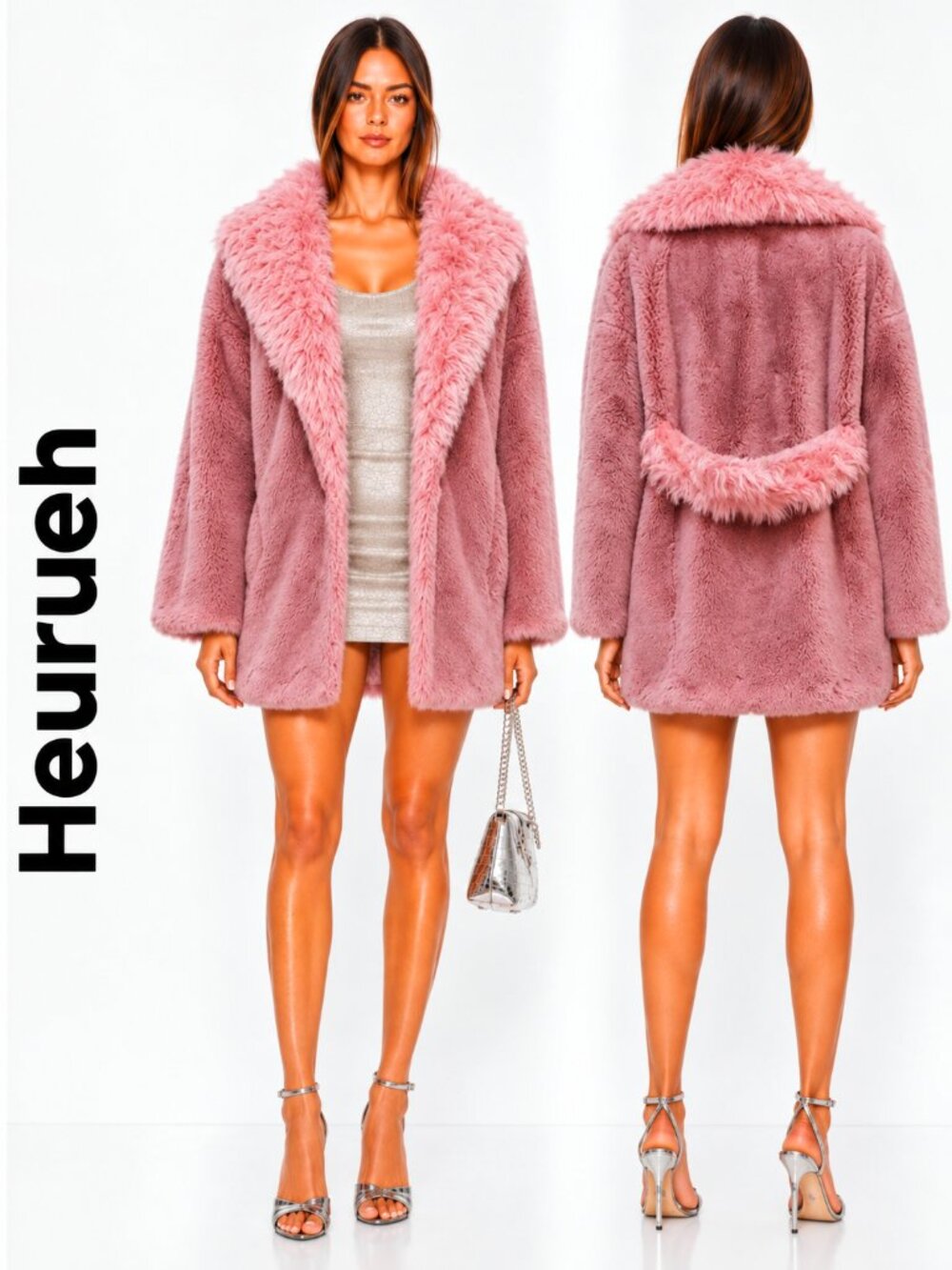 💥STUNNING💥Heurueh Faux Fur Coat Shawl Shearling Collar in Bubble Gum